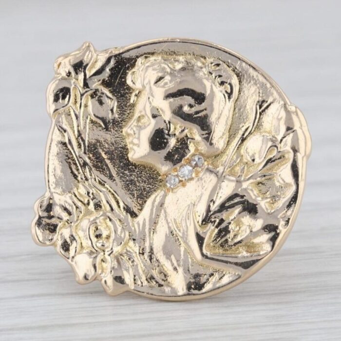 vintage cameo style floral figural female statement ring 14k yellow gold size 8 5883