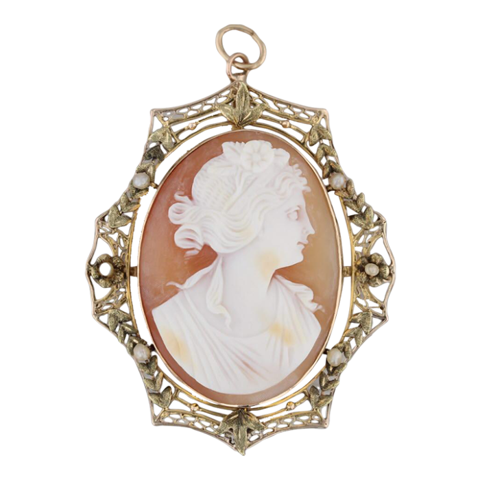 vintage carved shell pearl cameo brooch pendant 10k gold floral figural signed 3787