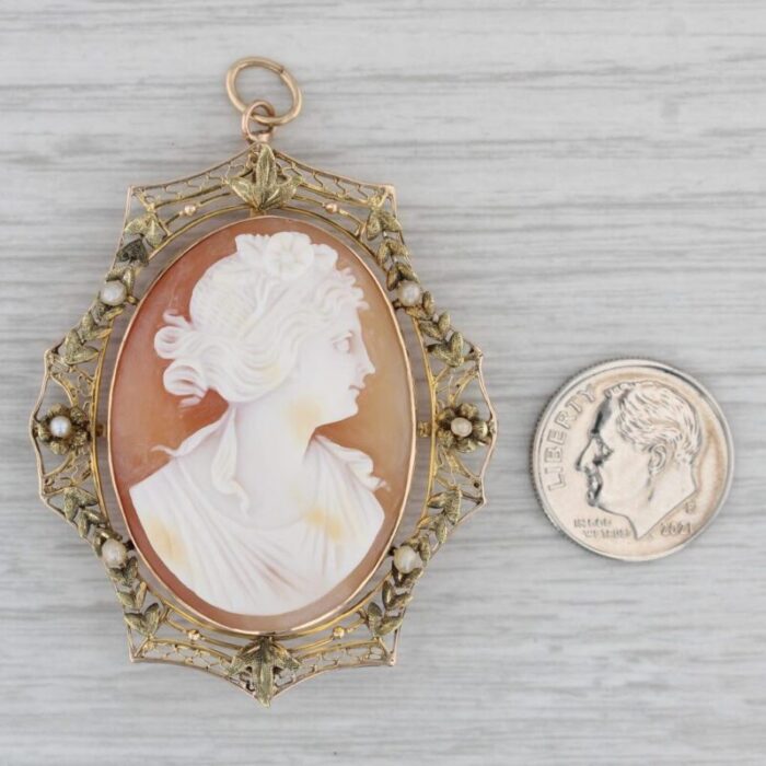 vintage carved shell pearl cameo brooch pendant 10k gold floral figural signed 7212