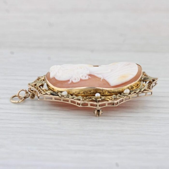 vintage carved shell pearl cameo brooch pendant 10k gold floral figural signed 7605