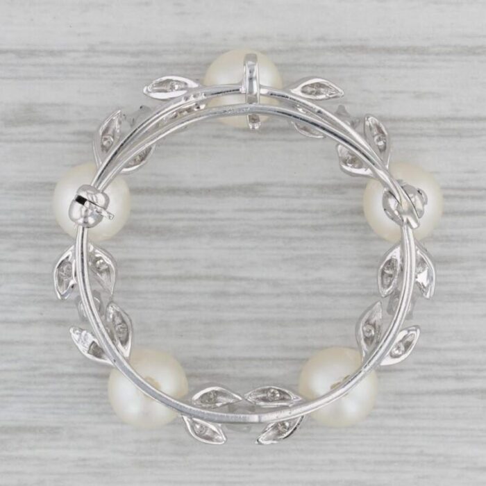 vintage cultured pearl 035ctw diamond wreath brooch pendant 14k white gold pin 7561