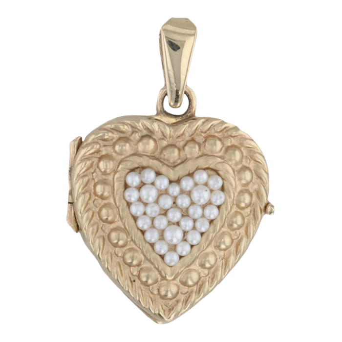 vintage cultured pearl cluster heart picture locket pendant 14k gold engravable 2145