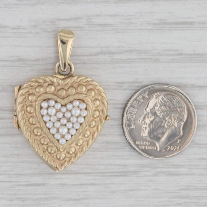 vintage cultured pearl cluster heart picture locket pendant 14k gold engravable 7883