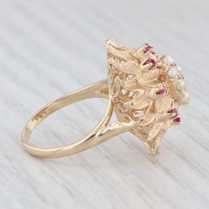 vintage cultured pearl lab created ruby flower ring 14k yellow gold cocktail size 7 0029