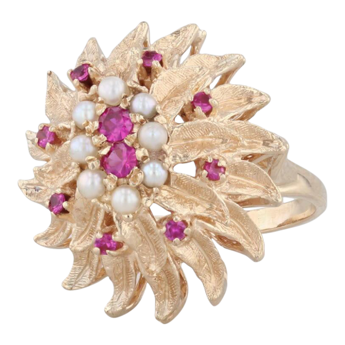 vintage cultured pearl lab created ruby flower ring 14k yellow gold cocktail size 7 6899