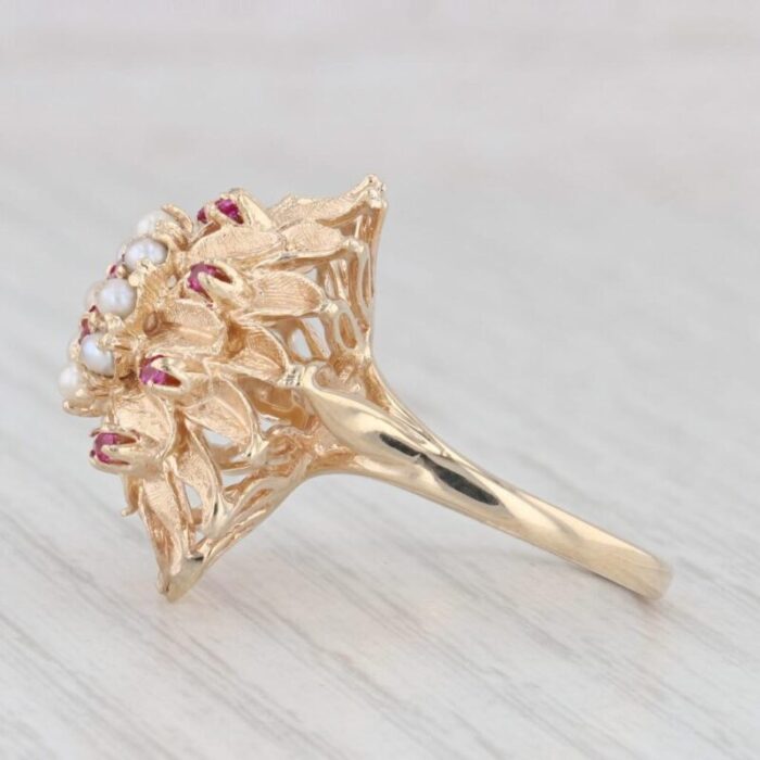 vintage cultured pearl lab created ruby flower ring 14k yellow gold cocktail size 7 8722