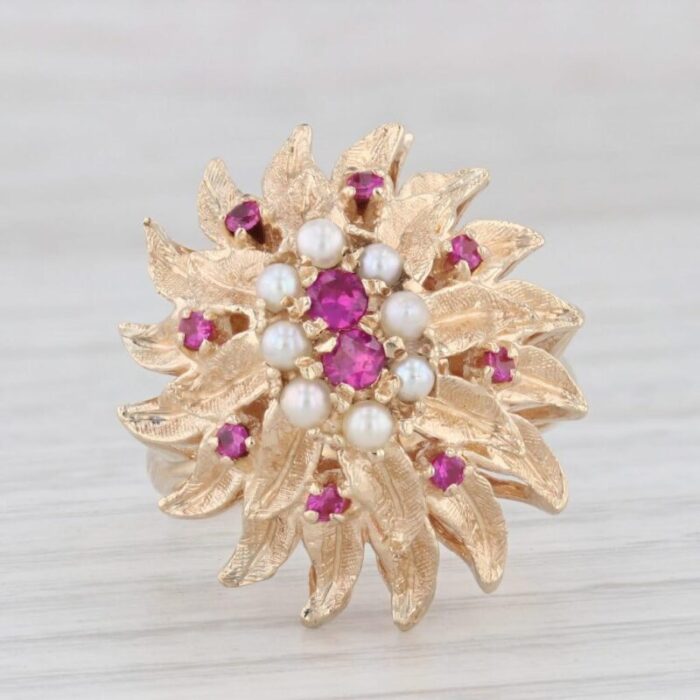 vintage cultured pearl lab created ruby flower ring 14k yellow gold cocktail size 7 9948