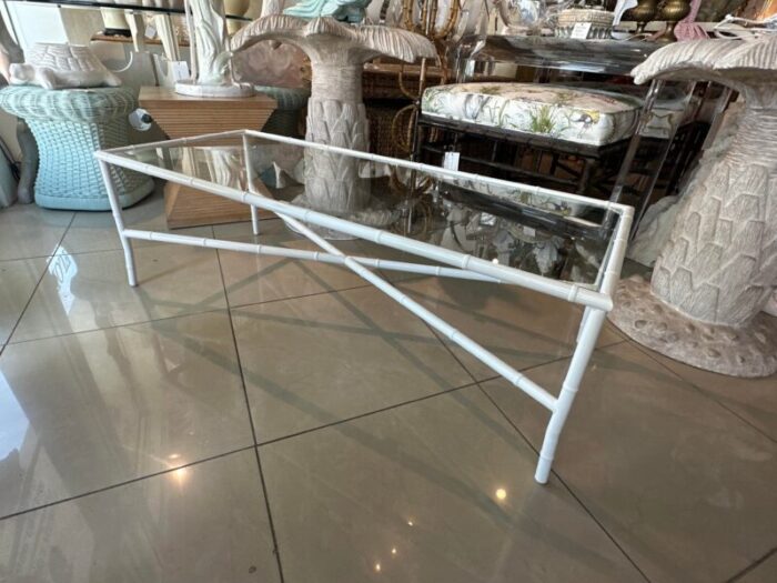 vintage faux bamboo metal newly powder coated white coffee cocktail table glass 4667