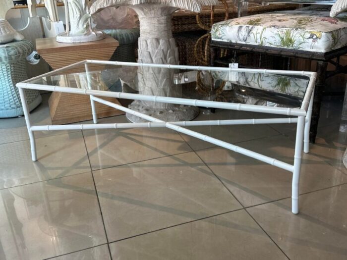 vintage faux bamboo metal newly powder coated white coffee cocktail table glass 5056