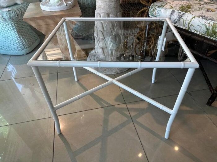 vintage faux bamboo metal newly powder coated white end side drink table glass 6187