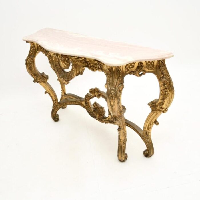 vintage french giltwood console table with marble top 1930 2706