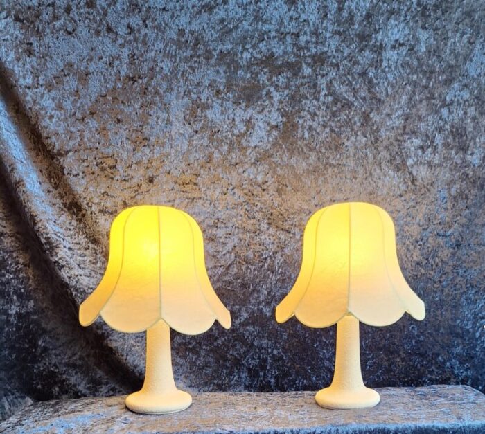 vintage german bedside lamps with white ceramic base and cream vinyl covered shade by glan 1970s set of 2 0099