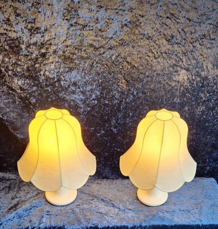 vintage german bedside lamps with white ceramic base and cream vinyl covered shade by glan 1970s set of 2 3072