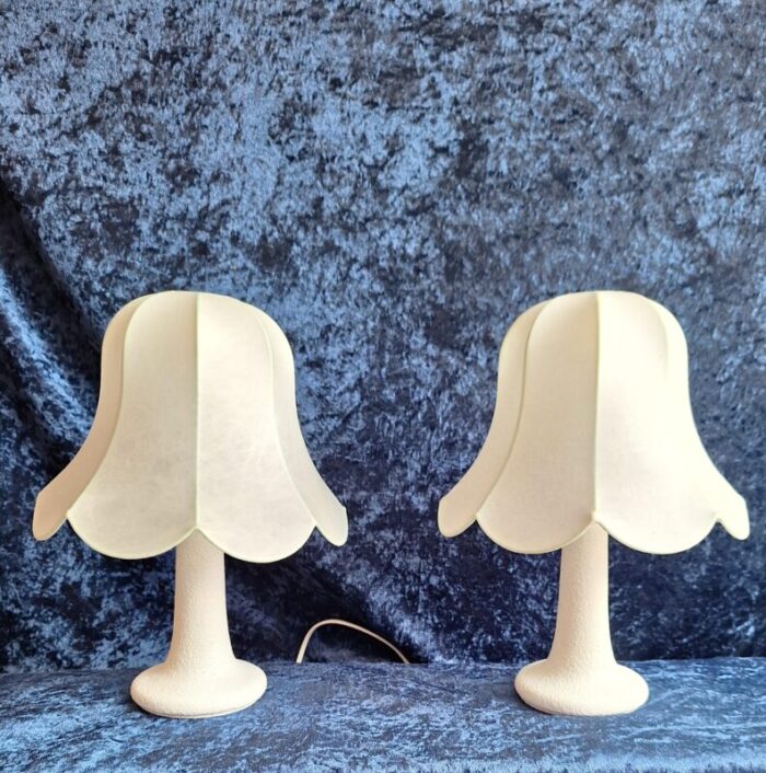 vintage german bedside lamps with white ceramic base and cream vinyl covered shade by glan 1970s set of 2 3865