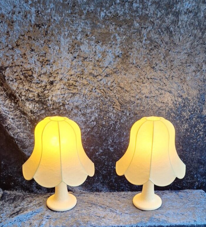 vintage german bedside lamps with white ceramic base and cream vinyl covered shade by glan 1970s set of 2 5542