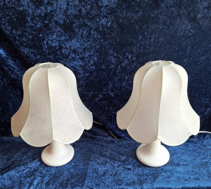 vintage german bedside lamps with white ceramic base and cream vinyl covered shade by glan 1970s set of 2 9183