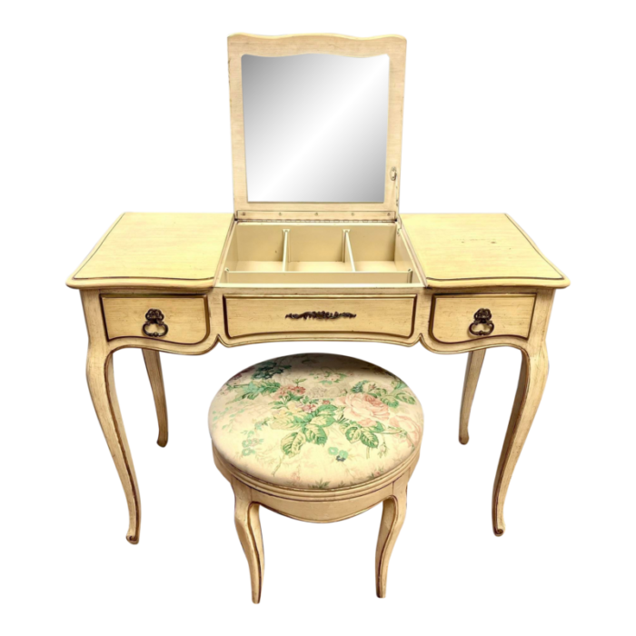 vintage henredon cream painted vanity desk and stool 2 pcs 6697