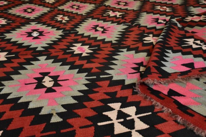 vintage kilim geomtric anatolian rug in red and yellow 1950 11