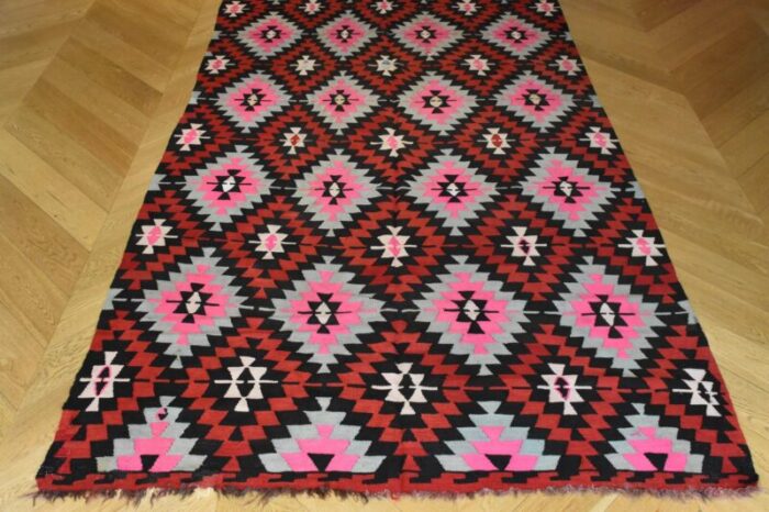 vintage kilim geomtric anatolian rug in red and yellow 1950 2