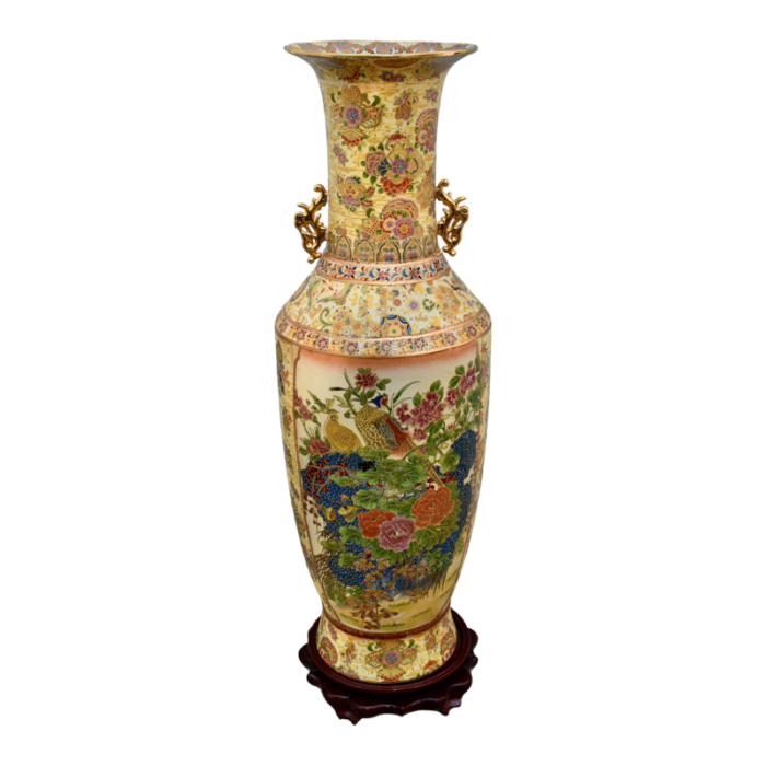 vintage large chinese floor vase with birds and floral details and mahogany stand 1000