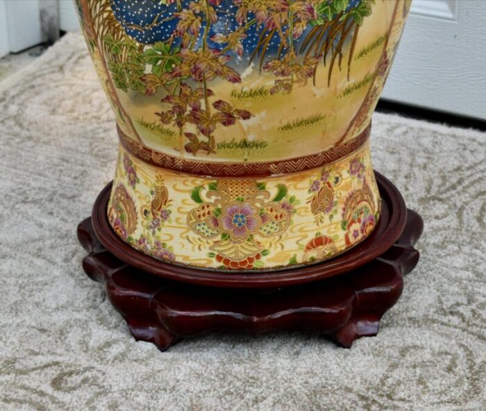 vintage large chinese floor vase with birds and floral details and mahogany stand 7229