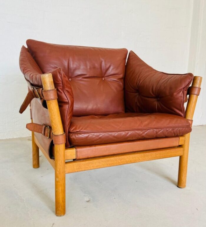 vintage leather and oak easy chair model ilona by arne norell 1970s 8836