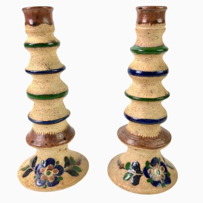 vintage mexican tonala pottery handcrafted candlesticks set of 2 0042