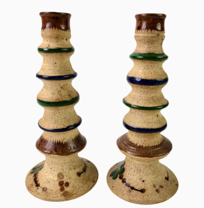 vintage mexican tonala pottery handcrafted candlesticks set of 2 5705