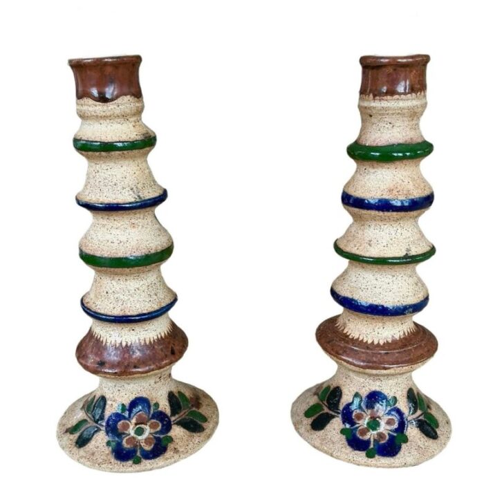 vintage mexican tonala pottery handcrafted candlesticks set of 2 5906