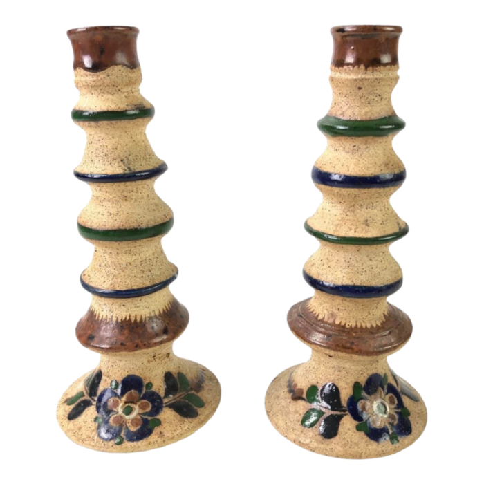 vintage mexican tonala pottery handcrafted candlesticks set of 2 7209