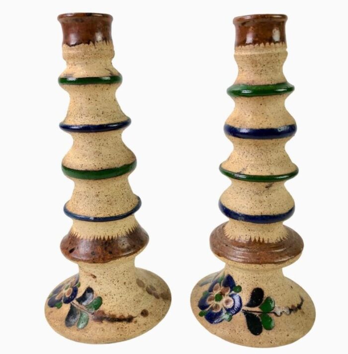 vintage mexican tonala pottery handcrafted candlesticks set of 2 8733