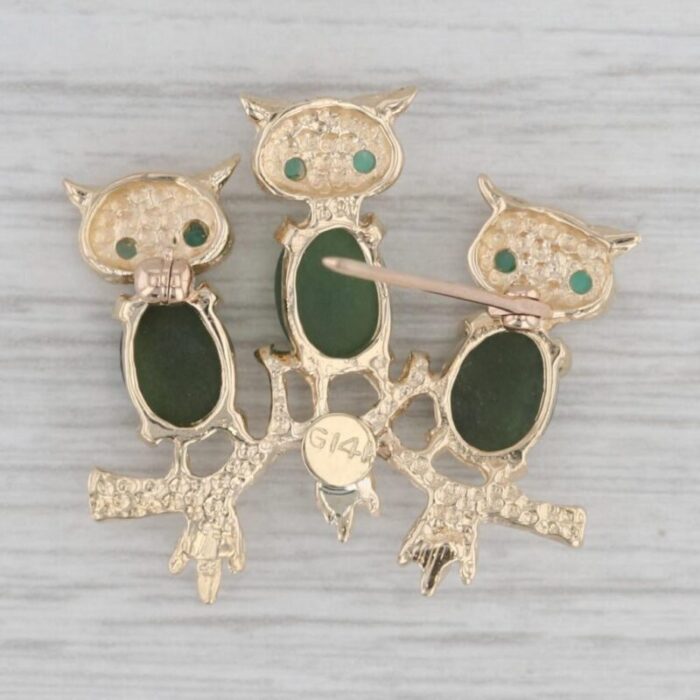 vintage nephrite jade chalcedony owl brooch 14k yellow gold pin 3 owls 1518