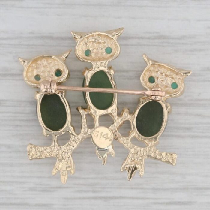 vintage nephrite jade chalcedony owl brooch 14k yellow gold pin 3 owls 3730