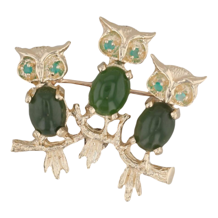 vintage nephrite jade chalcedony owl brooch 14k yellow gold pin 3 owls 3893