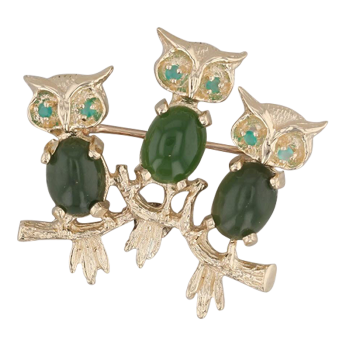 vintage nephrite jade chalcedony owl brooch 14k yellow gold pin 3 owls 9539