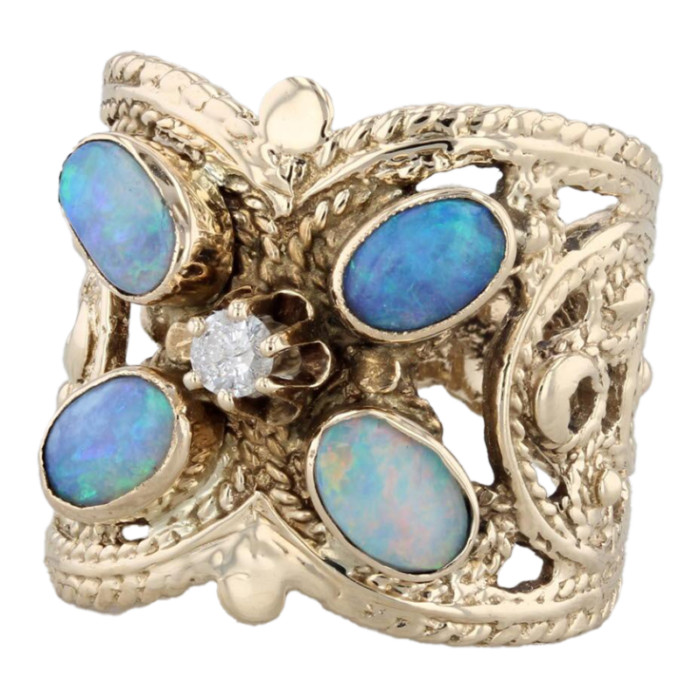 vintage ornate opal diamond ring 14k yellow gold butterfly size 675 cocktail 1297