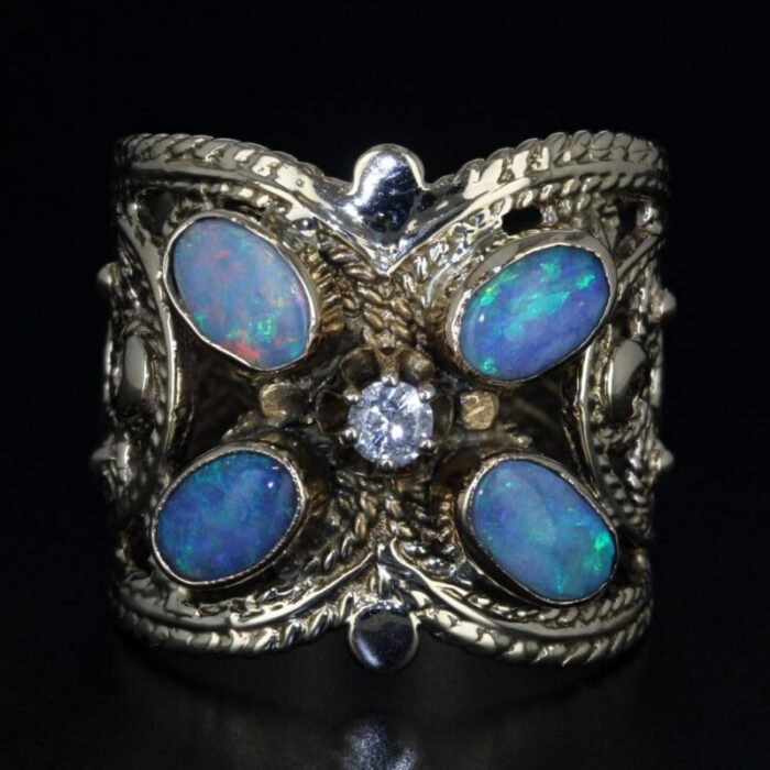 vintage ornate opal diamond ring 14k yellow gold butterfly size 675 cocktail 4205