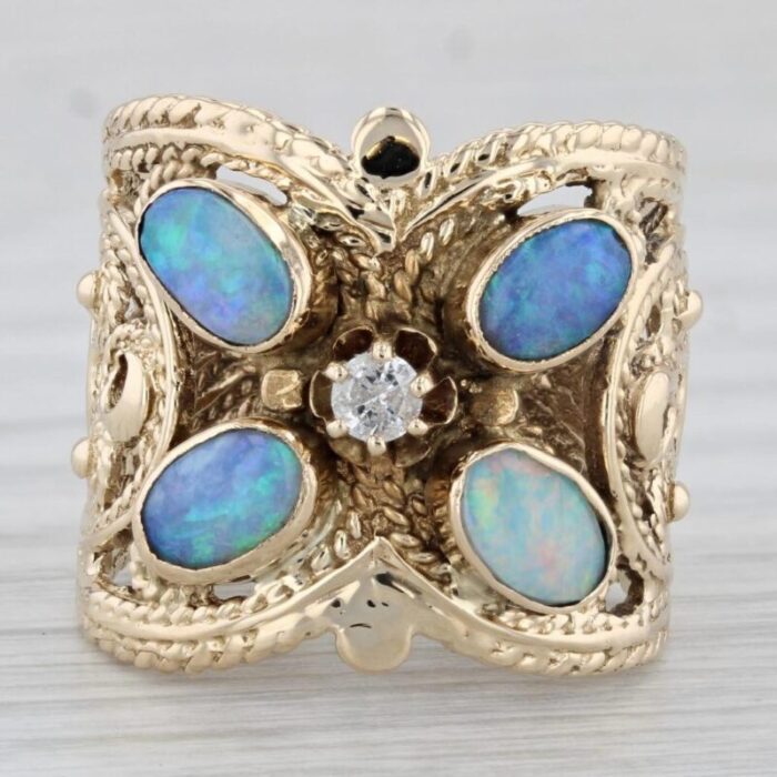 vintage ornate opal diamond ring 14k yellow gold butterfly size 675 cocktail 4916