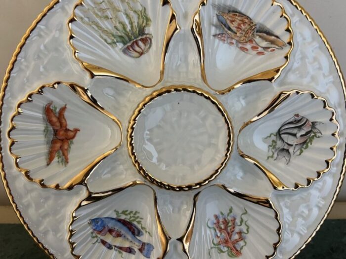 vintage oyster plate with sea creatures lined in gold 4284