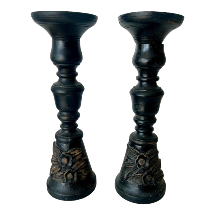 vintage pair of ebony carved wood floral candlesticks 6495