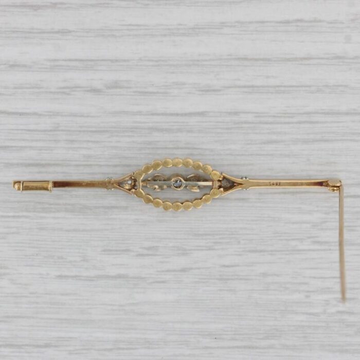 vintage pearl diamond bar pin 14k yellow gold brooch 1047