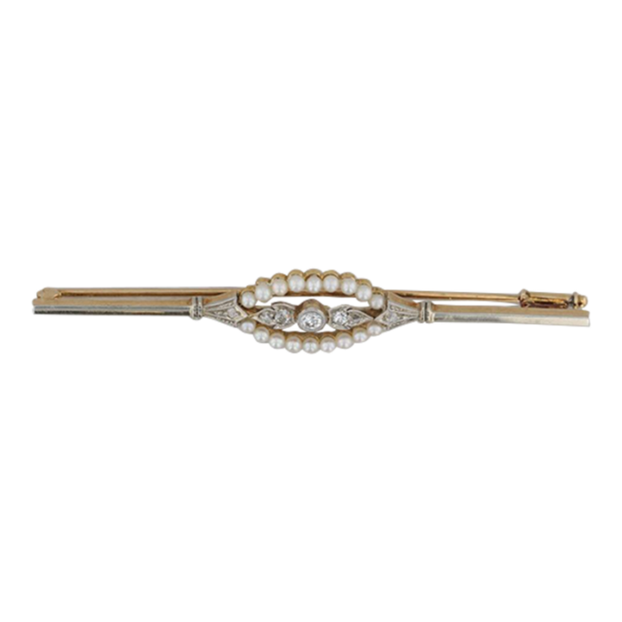 vintage pearl diamond bar pin 14k yellow gold brooch 6825