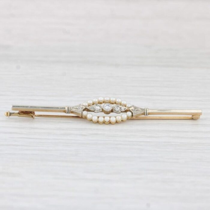 vintage pearl diamond bar pin 14k yellow gold brooch 8885