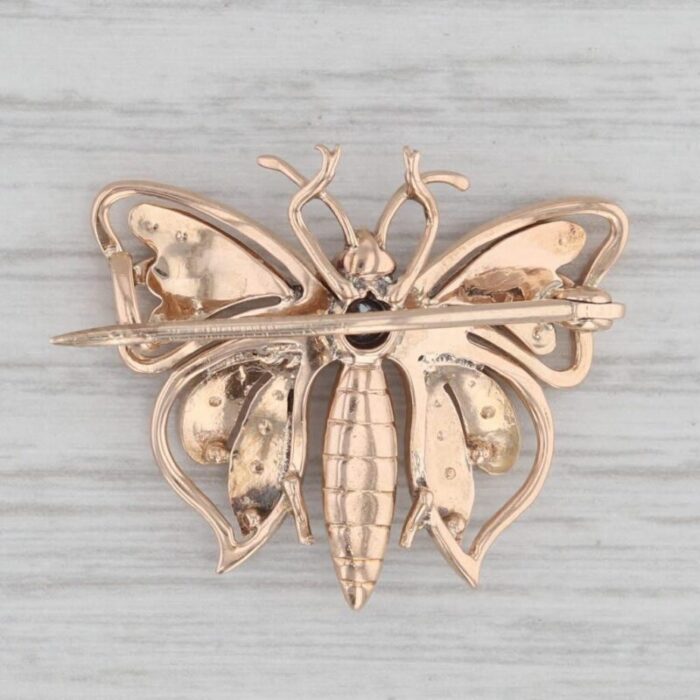 vintage pearl diamond butterfly brooch 14k yellow gold pin insect jewelry 1985