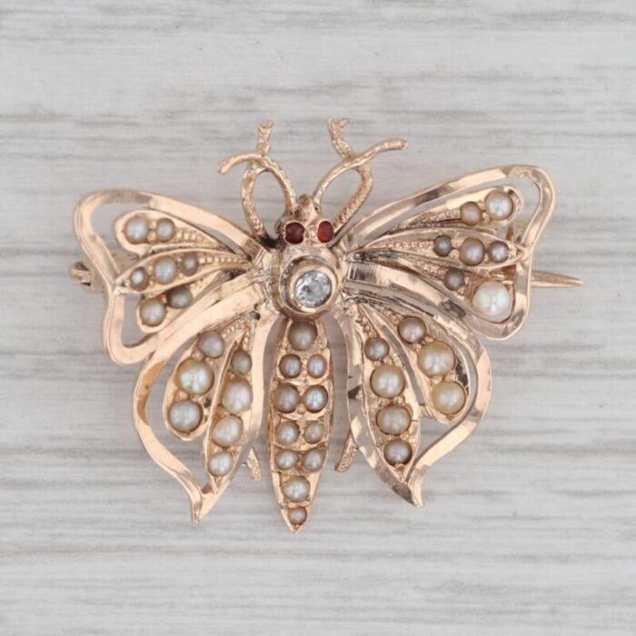 vintage pearl diamond butterfly brooch 14k yellow gold pin insect jewelry 2060