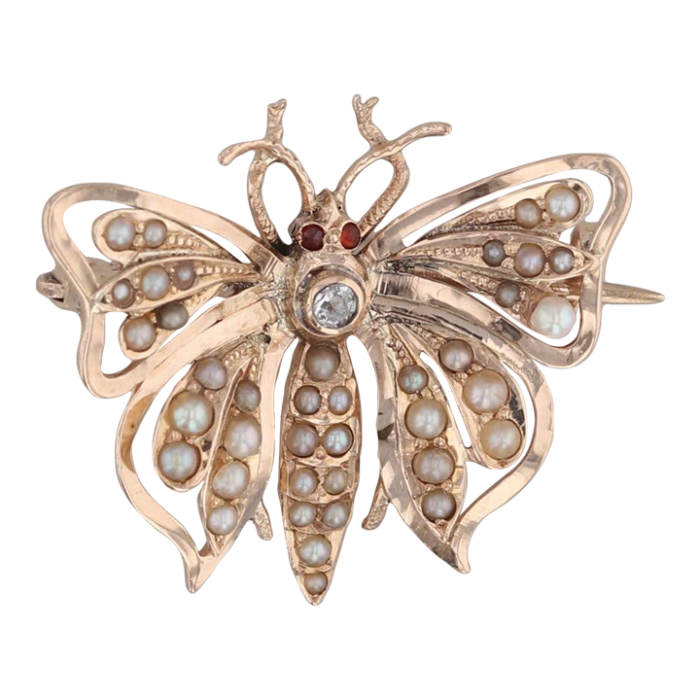 vintage pearl diamond butterfly brooch 14k yellow gold pin insect jewelry 4886