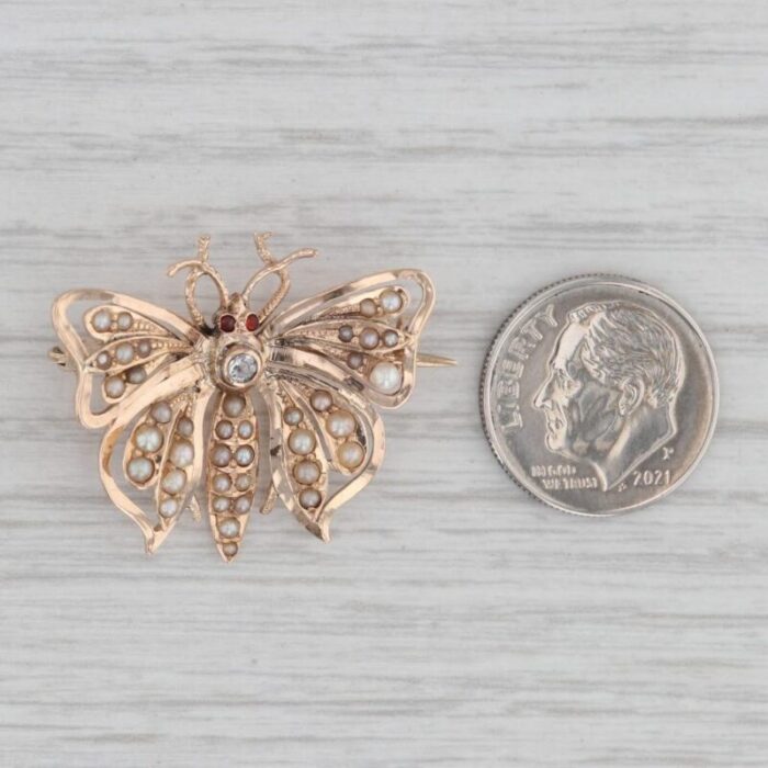 vintage pearl diamond butterfly brooch 14k yellow gold pin insect jewelry 8042