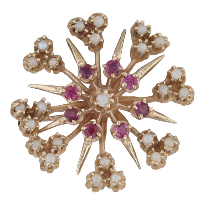 vintage ruby opal flower brooch pendant 14k 10k yellow gold statement pin 0530