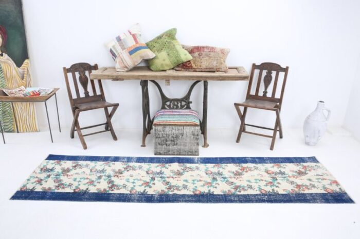 vintage runner rug in blue with floral 3