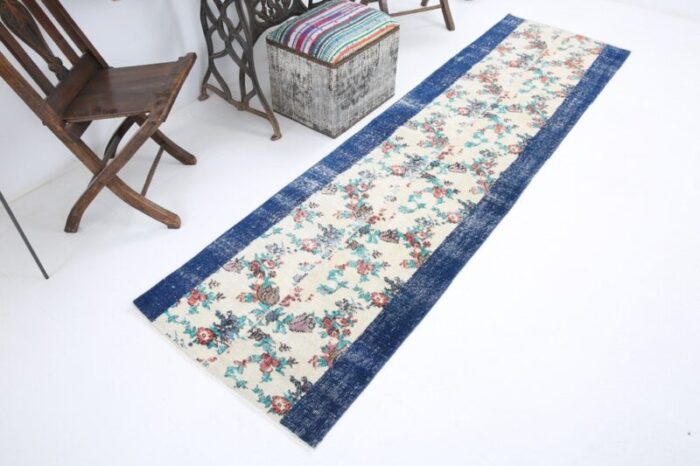 vintage runner rug in blue with floral 4